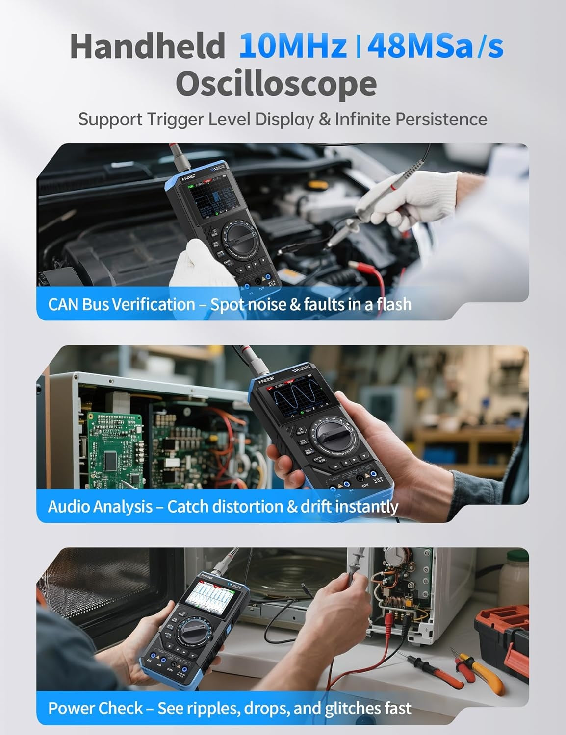 FNIRSI DST-210 Håndholdt Oscilloskop 10MHz Båndbredde, 19999 Counts, Digitalt Oscilloskop Multimeter DDS Generator 3I1, 48MS/s Sampling Rate