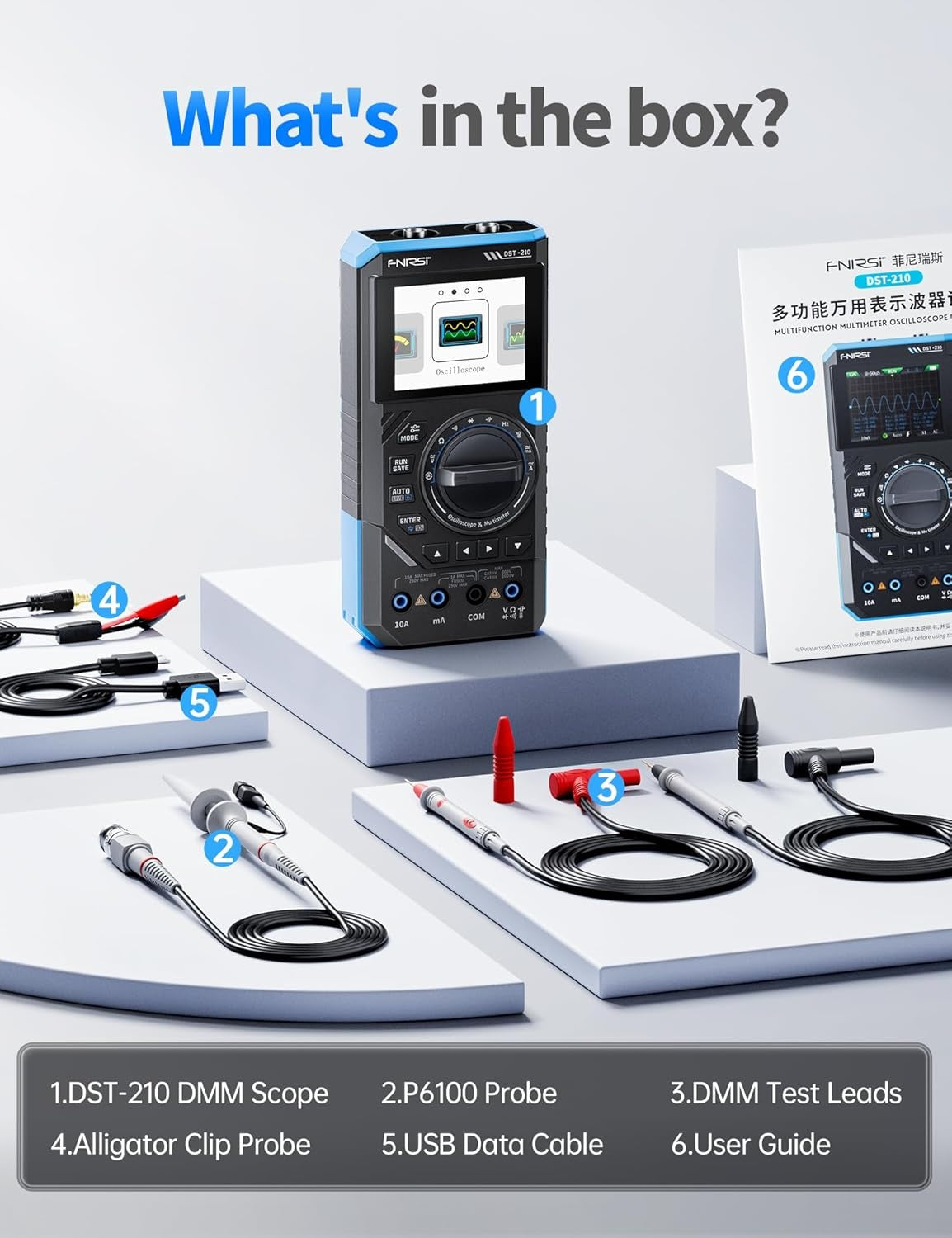 FNIRSI DST-210 Håndholdt Oscilloskop 10MHz Båndbredde, 19999 Counts, Digitalt Oscilloskop Multimeter DDS Generator 3I1, 48MS/s Sampling Rate