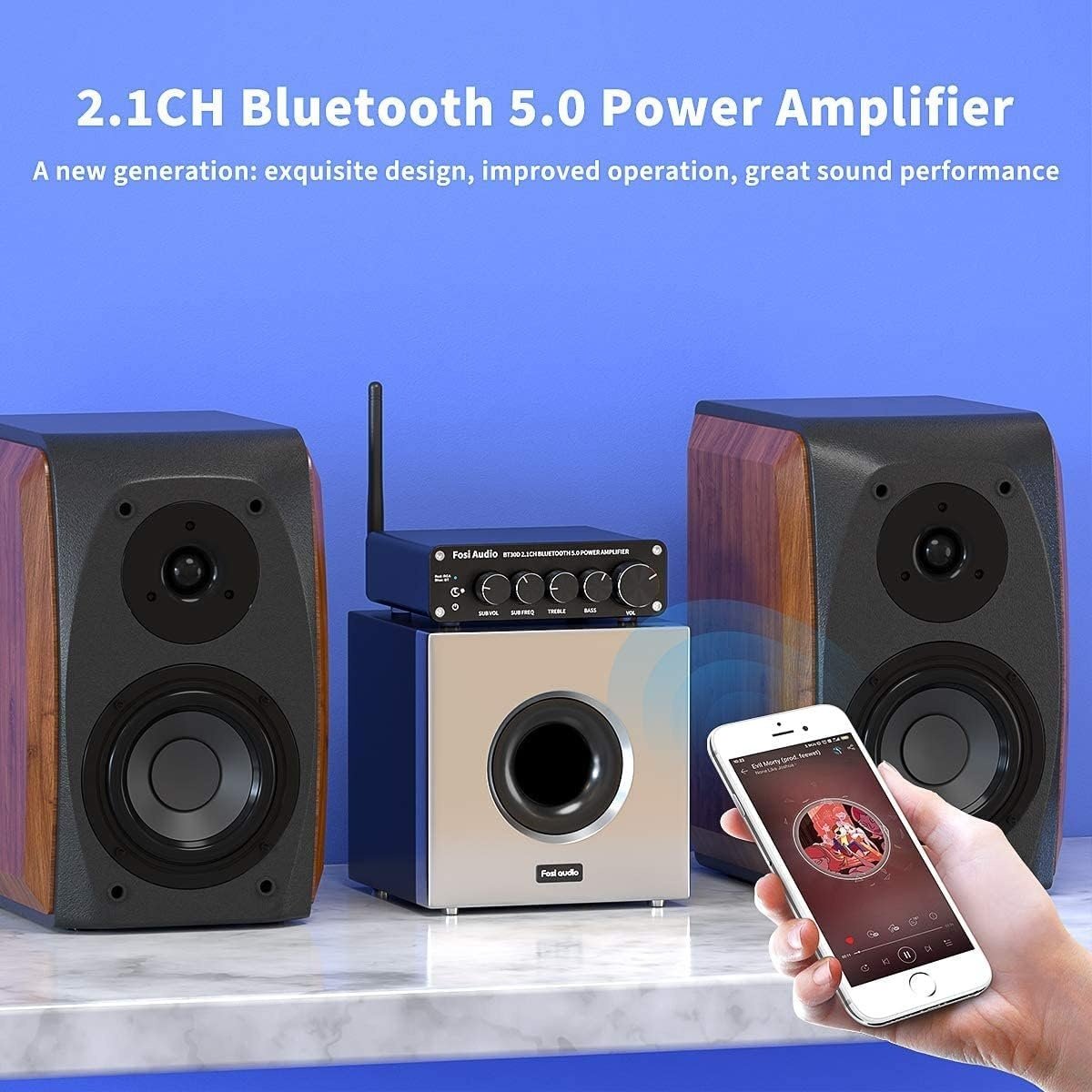 Fosi Audio BT30D Bluetooth 5.0 Stereo Audio Modtager Forstærker 2.1 Kanal Hi-Fi Klasse D Integreret Amp 2X50 Watt