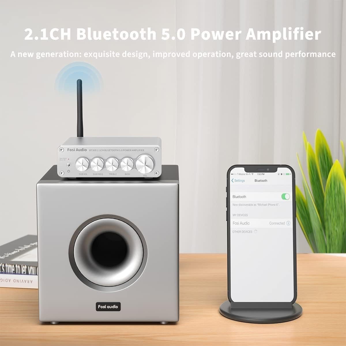 Fosi Audio BT30D-S Bluetooth 5.0 Stereo Audio Modtager Forstærker 2.1 Kanal Hi-Fi Klasse D Integreret Amp 2X50 Watt