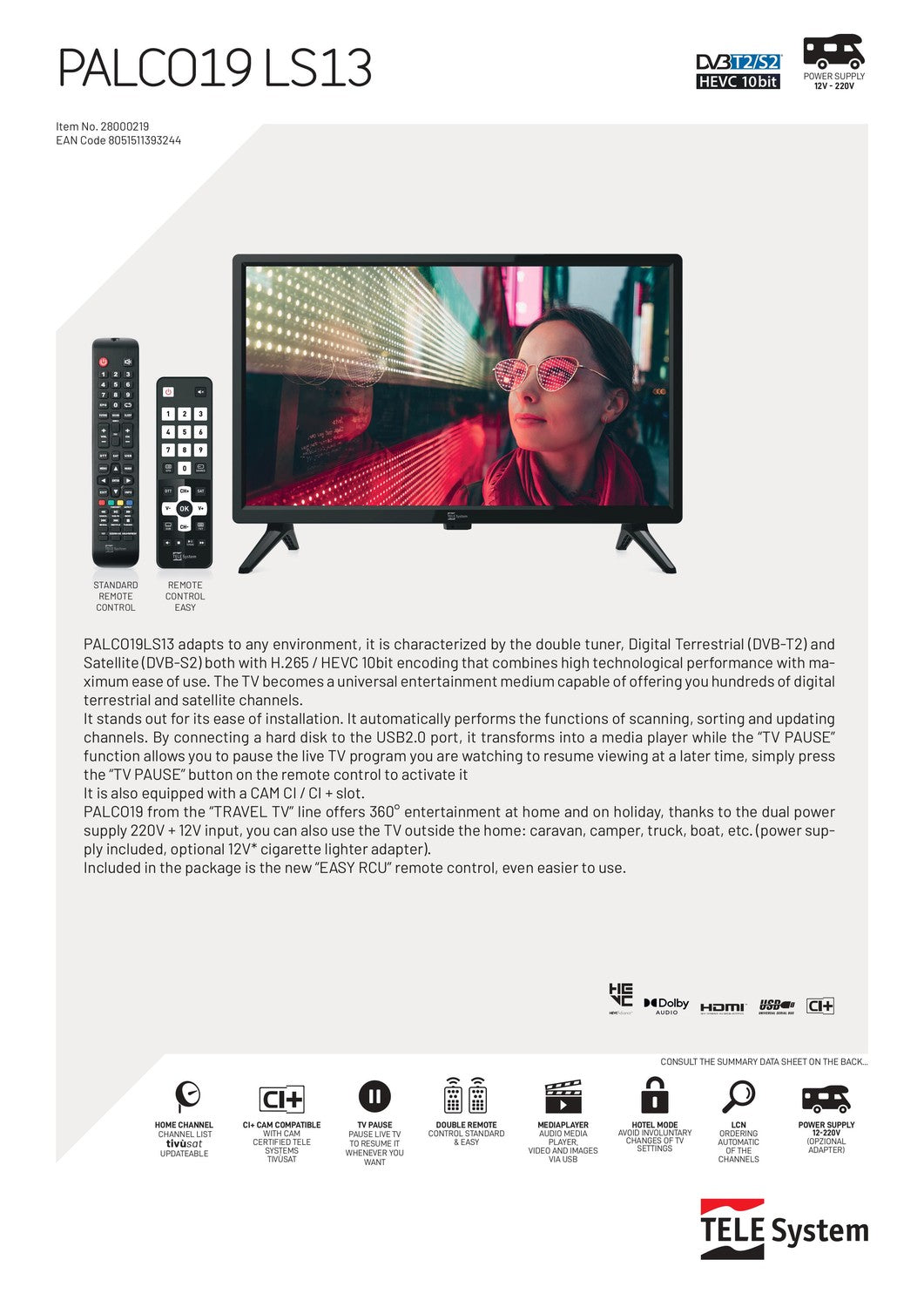 Full HD TV 19 tommer 12V DC 100-240V til båd, campingvogn, autocamper DVB-T2 DVB-S2 VESA 100x100 PALCO 19LS13