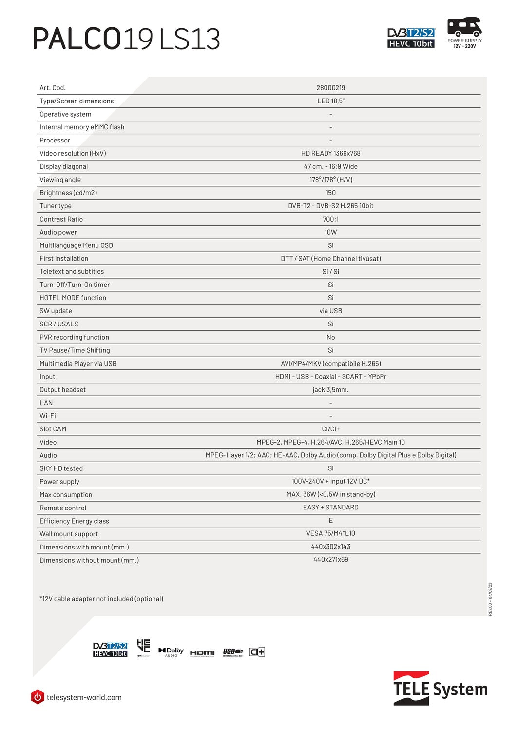 Full HD TV 19 tommer 12V DC 100-240V til båd, campingvogn, autocamper DVB-T2 DVB-S2 VESA 100x100 PALCO 19LS13