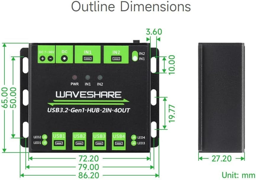 Industriel USB HUB til 2 computere til 4 USB 3.2-porte, skiftbar, monterbar, kompatibel med Windows Linux Mac