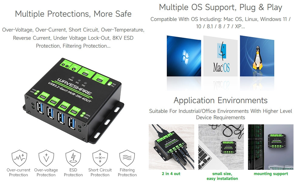 Industriel USB HUB til 2 computere til 4 USB 3.2-porte, skiftbar, monterbar, kompatibel med Windows Linux Mac