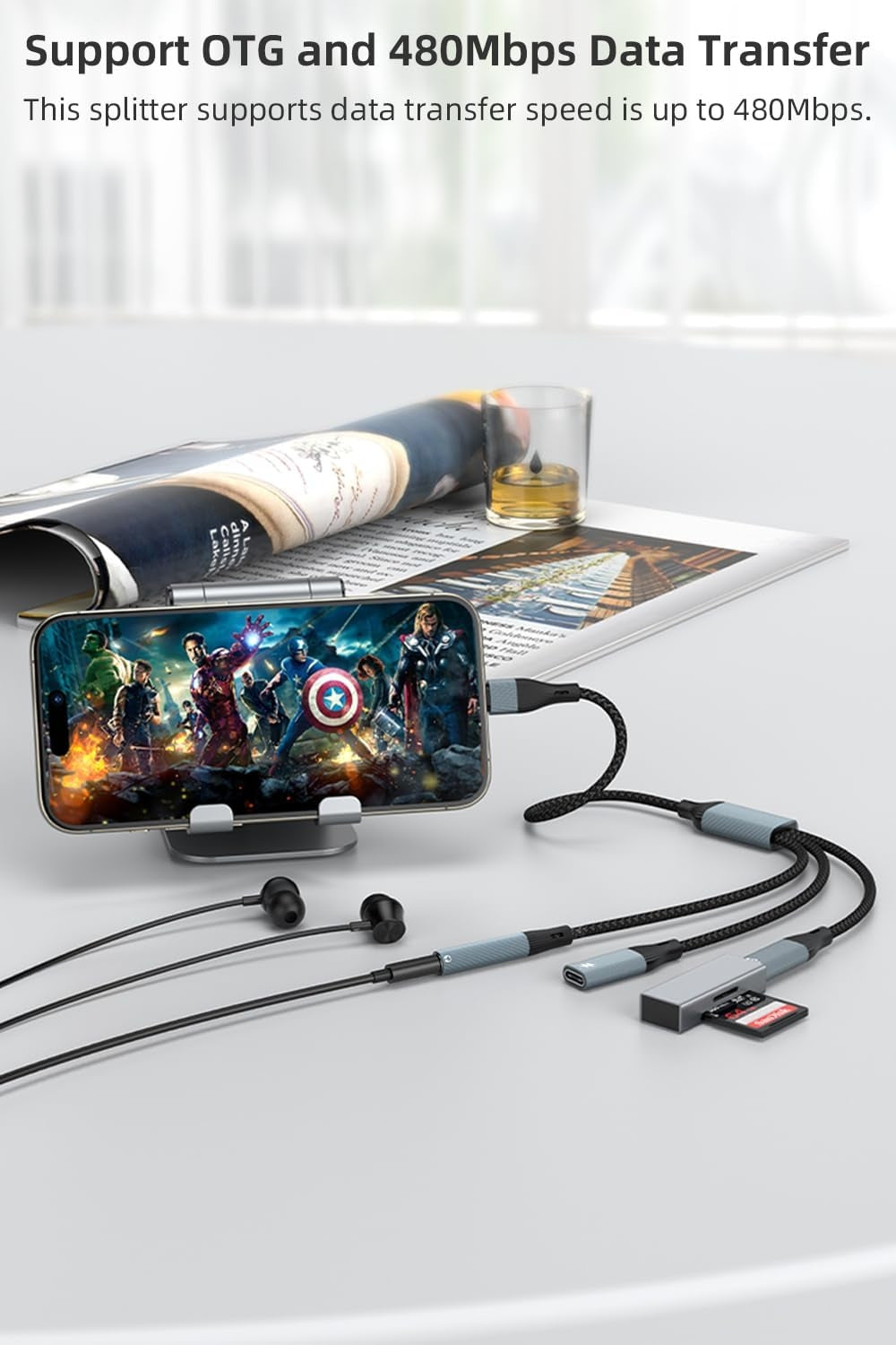 NÖRDIC USB-C Splitter 1 til 3, 1xUSB-C 1xUSB-C PD60W 1x3,5mm hovedtelefonstik OTG-kabel