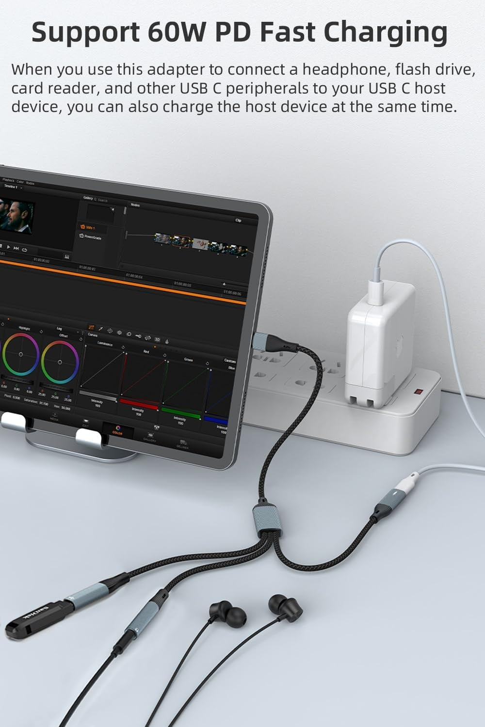 NÖRDIC USB-C Splitter 1 til 3, 1xUSB-C 1xUSB-C PD60W 1x3,5mm hovedtelefonstik OTG-kabel