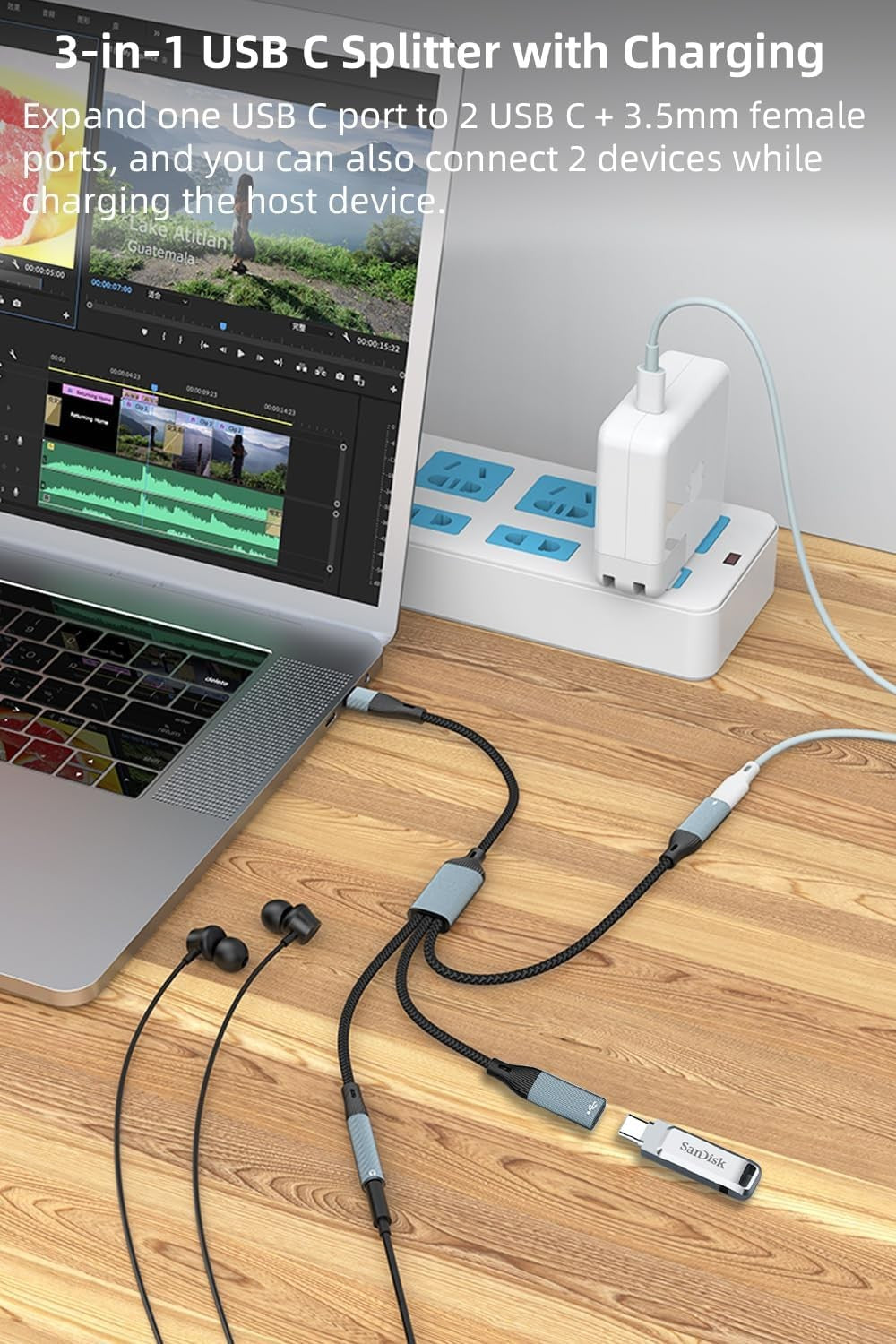 NÖRDIC USB-C Splitter 1 til 3, 1xUSB-C 1xUSB-C PD60W 1x3,5mm hovedtelefonstik OTG-kabel