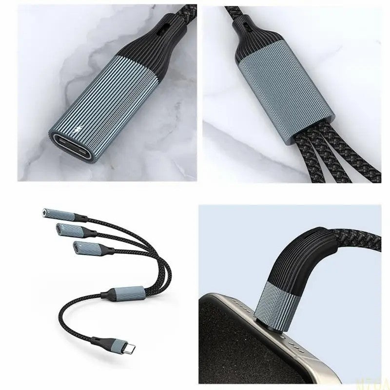 NÖRDIC USB-C Splitter 1 til 3, 1xUSB-C 1xUSB-C PD60W 1x3,5mm hovedtelefonstik OTG-kabel