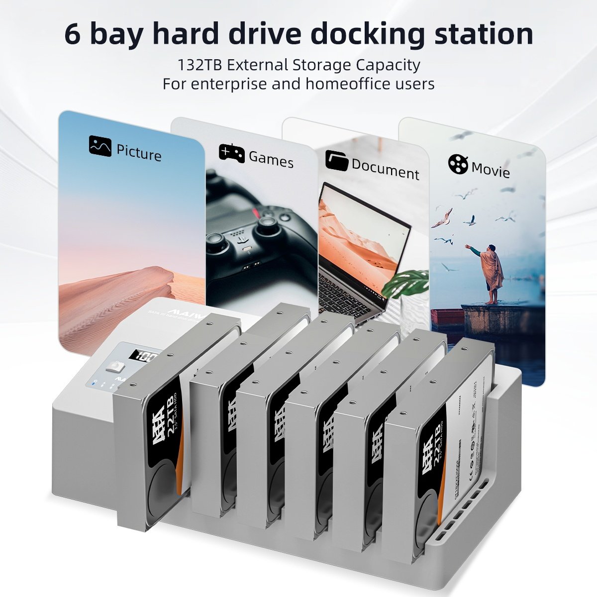 MAIWO 6x HDD klonings- og dockingstation, 2,5"/3,5" SATA HDD, USB-C 3.0 5Gbps