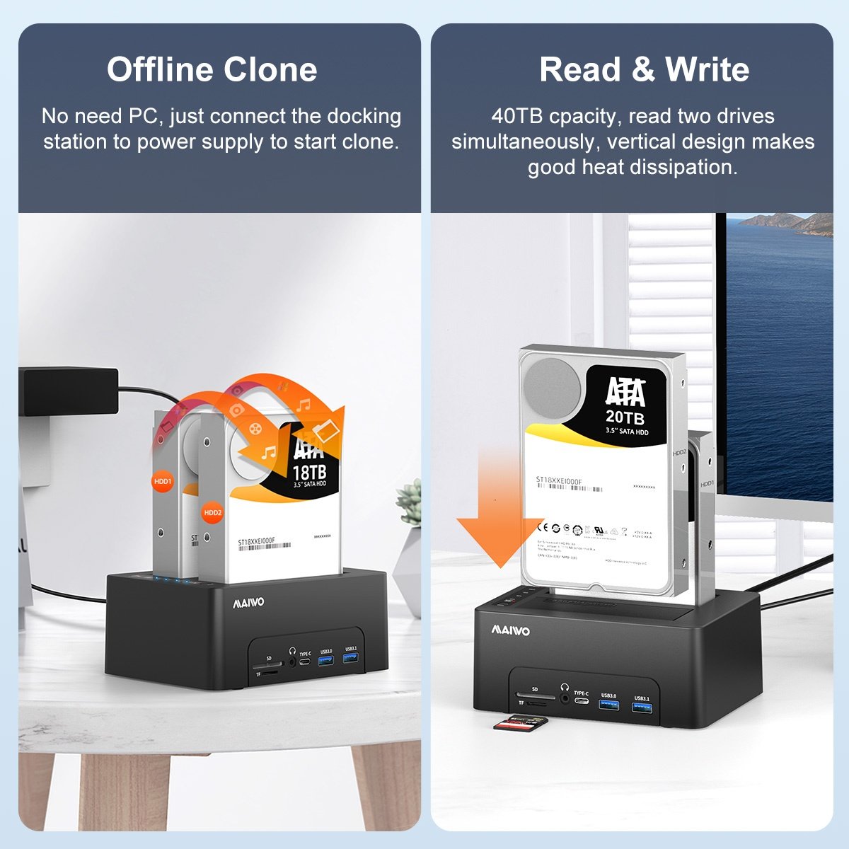 Maiwo HDD Dual dockingstation med klon 10Gbps HDMI 4K60Hz Giga Lan kortlæser SD og MicroSD USB HUB 2xUSB-A og 2xUSB-C