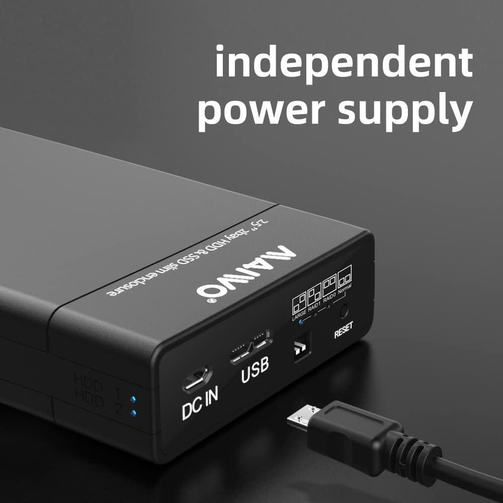 Maiwo K25682 USB 3.1 GEN1 5Gbps ekstern RAID0, 1, BOD storage cabinet 2x2,5 SATA-HDD SSD 7/9,5 mm op til 2 TB understøtter UASP USB-kabel type B til A