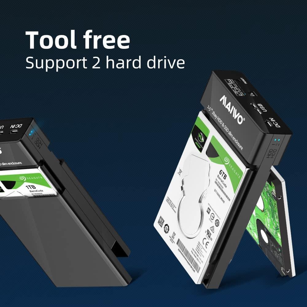 Maiwo K25682 USB 3.1 GEN1 5Gbps ekstern RAID0, 1, BOD storage cabinet 2x2,5 SATA-HDD SSD 7/9,5 mm op til 2 TB understøtter UASP USB-kabel type B til A