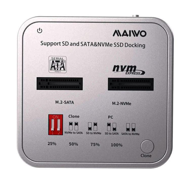 Maiwo K3016CL dockingstation til disk kloning SATA og NVMe SSD 1: 1 10 Gbps M-Key og Key B + M SD Express-kortlæser