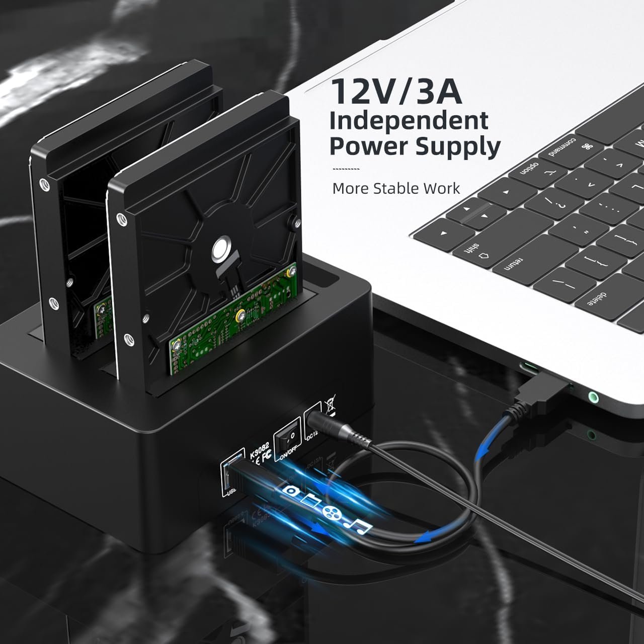 Maiwo K3082H USB 3.1 GEN1 5Gbps dockingstation 2st 2,5-3,5 SATA-harddisk SSD 2x16TB med understøttelse af UASP 3xUSB3.1 hub
