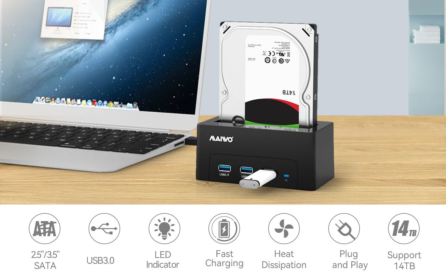 Maiwo K308H USB 3.1 GEN1 5Gbps Docking 1st 2,5-3,5 SATA-harddisk SSD op til 14TB med understøttelse af UASP 3xUSB3.1 hub