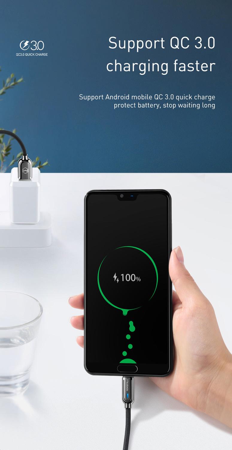 Mcdodo CA-6190 USB C til USB A-kabel til synkronisering og hurtig opladning, LED-indikator, opladningen stopper automatisk, sort, 1m