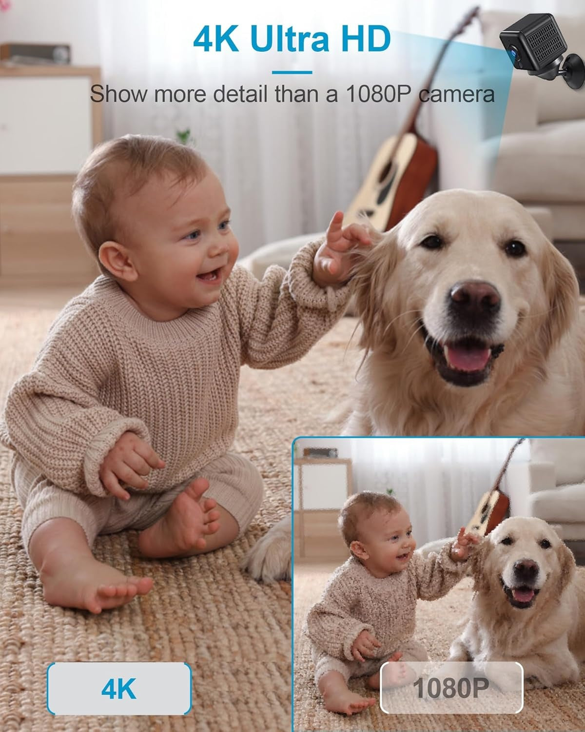 4K HD WiFi Mini-Overvågningskamera Indendørs til Live-Streaming med Nattsyn og Bevægelsessensor