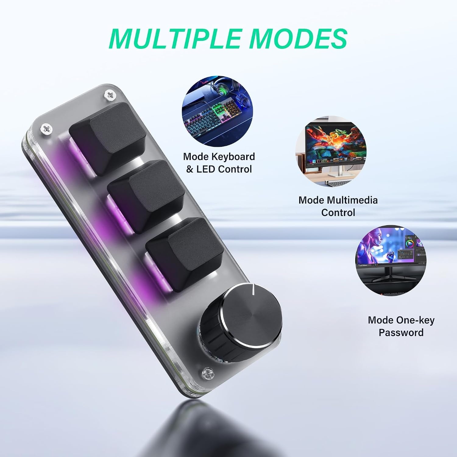 Mini Programmable Mechanical Keyboard with 3 Keys & 1 Control Knob for Macro Shortcuts | PC Setup for Multi-Device Use