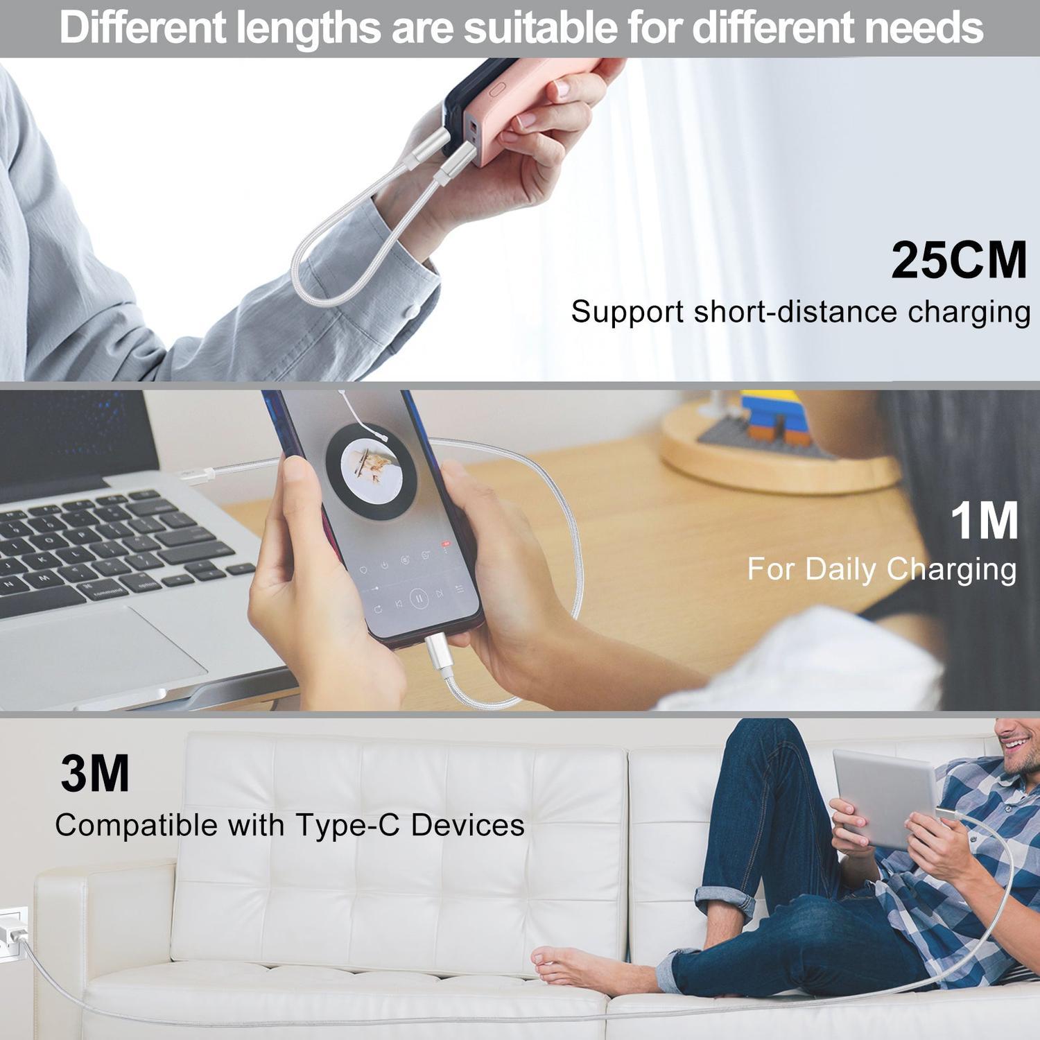 NÖRDIC 1m USB C til USB A Kabel USB3.1 Gen1 Hurtig opladning 3A 60W 5Gbps Nylon Flettet Hvid