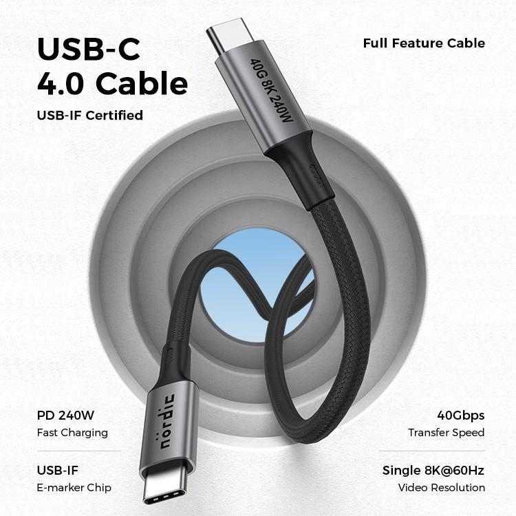 NÖRDIC 1,5 m USB4 USB-C til C nylon flettet kabel PD3.1 240W 40G 8K60Hz 4K144Hz grå
