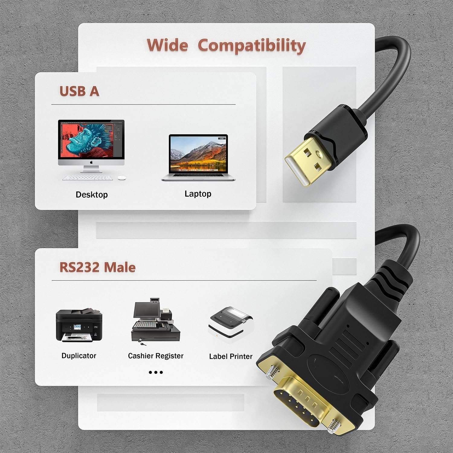 USB-A til RS232 DB9 hankabel til serielle enheder med FTDI Chipset
