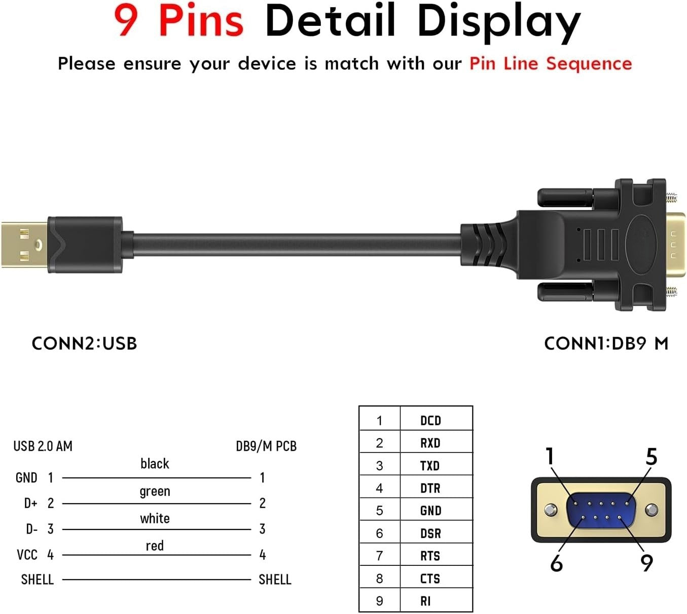 USB-A til RS232 DB9 hankabel til serielle enheder med FTDI Chipset