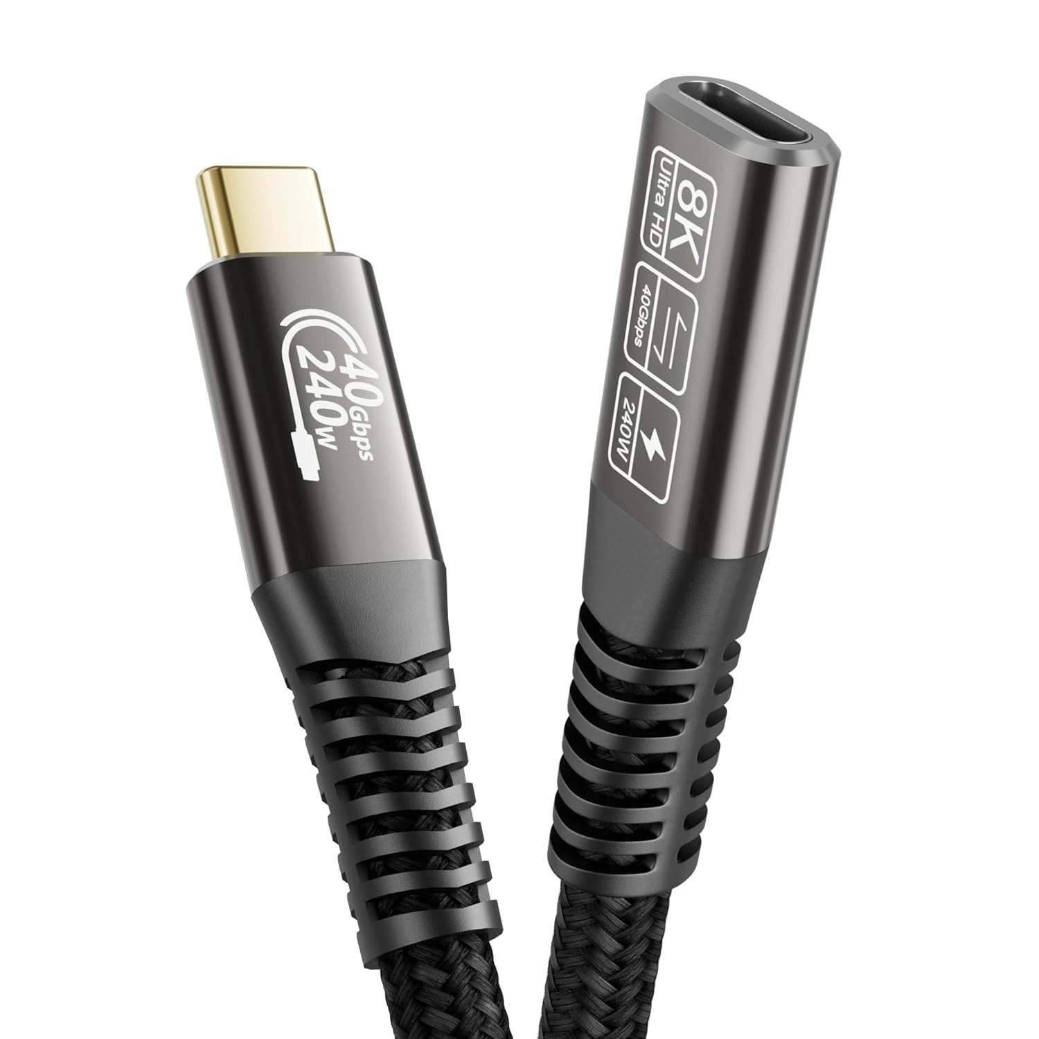 NÖRDIC 1m Thunderbolt 4 forlængerkabel, USB-C han til hun, 240W hurtigopladning, 40Gbps, 8K 60Hz