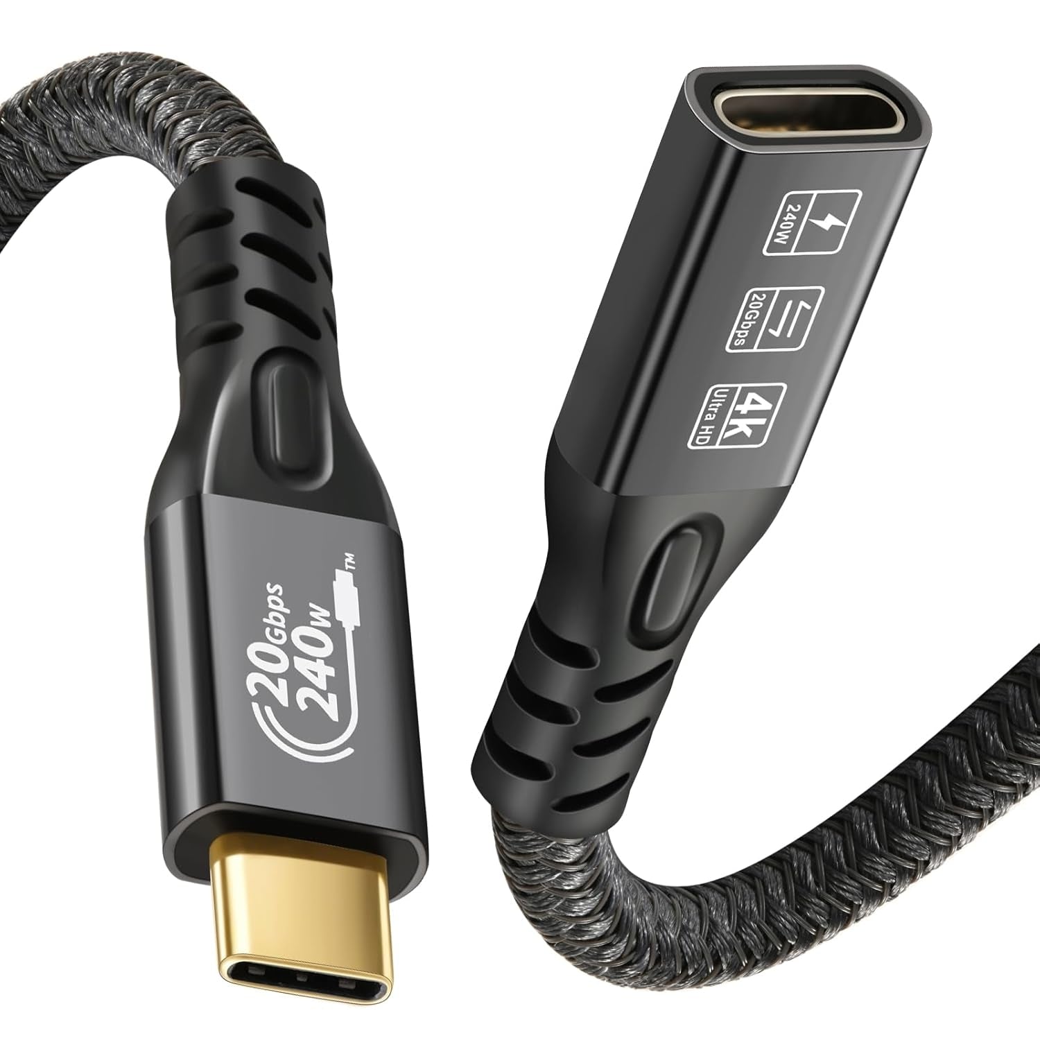 NÖRDIC 1m USB3.2 Gen2 20Gbps USB-C til C nylonflettet forlænger kabel med Power Delivery 240W 4K60Hz