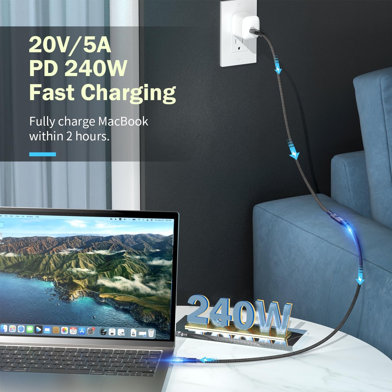 NÖRDIC 1m USB3.2 Gen2 20Gbps USB-C til C nylonflettet forlænger kabel med Power Delivery 240W 4K60Hz