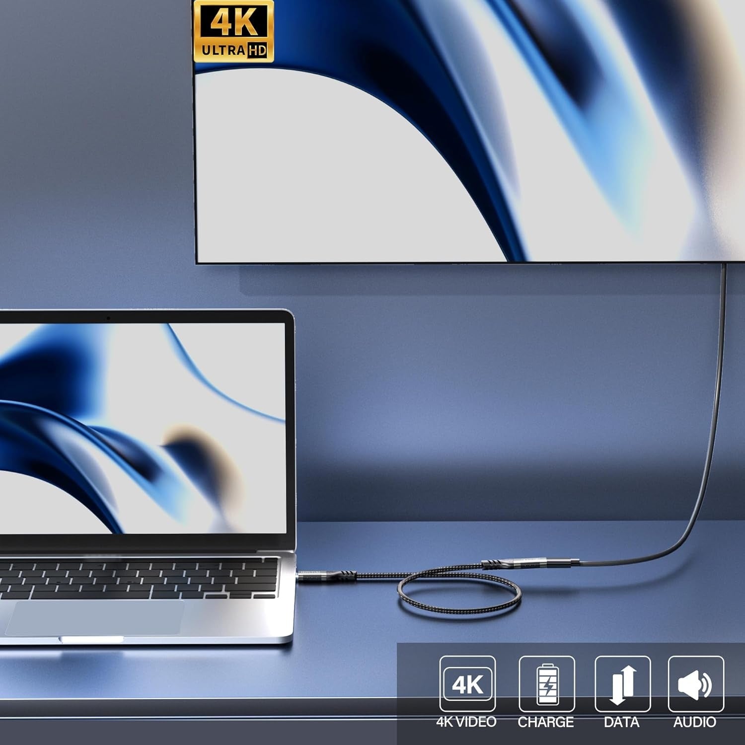 NÖRDIC 1m USB3.2 Gen2 20Gbps USB-C til C nylonflettet forlænger kabel med Power Delivery 240W 4K60Hz