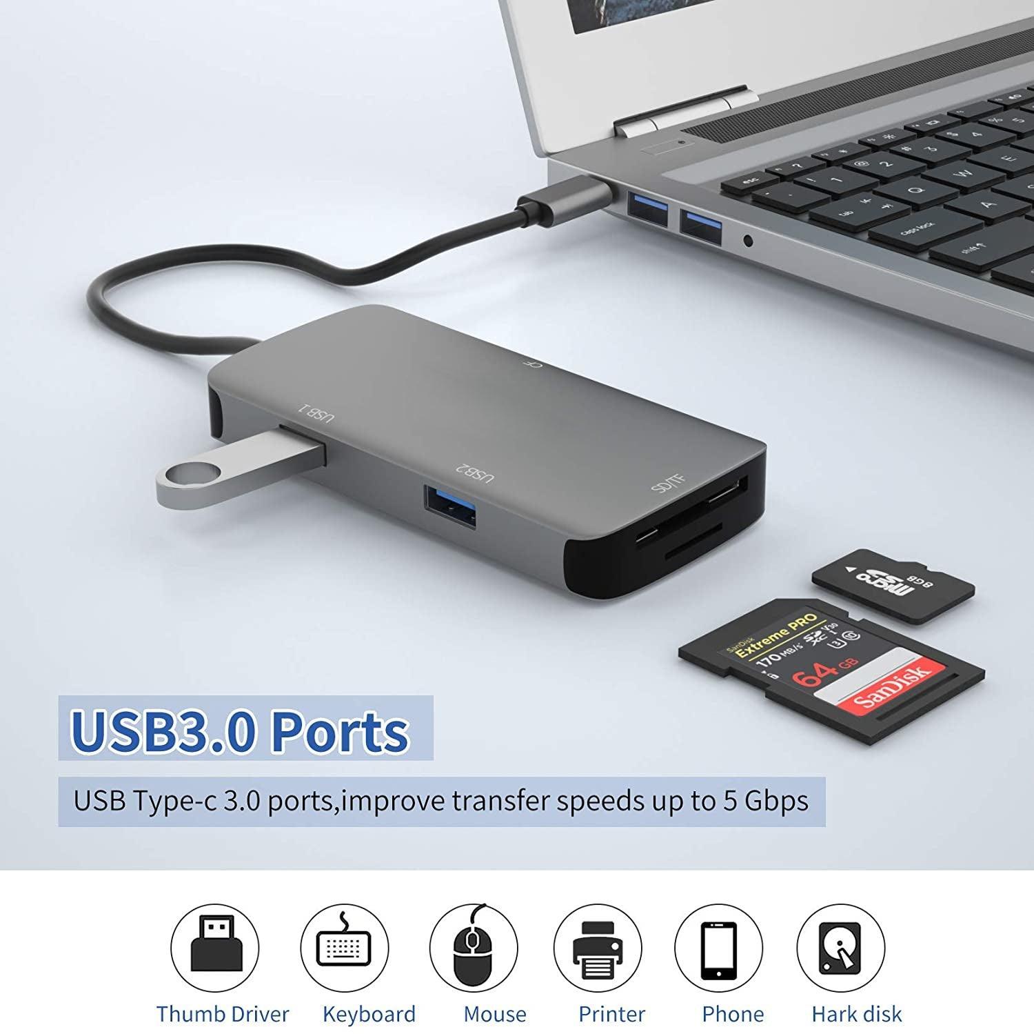 NÖRDIC 1 til 5 USB-C adapter SD / TF og CF kortlæser med 2xUSB3.0 op til 5 Gbps