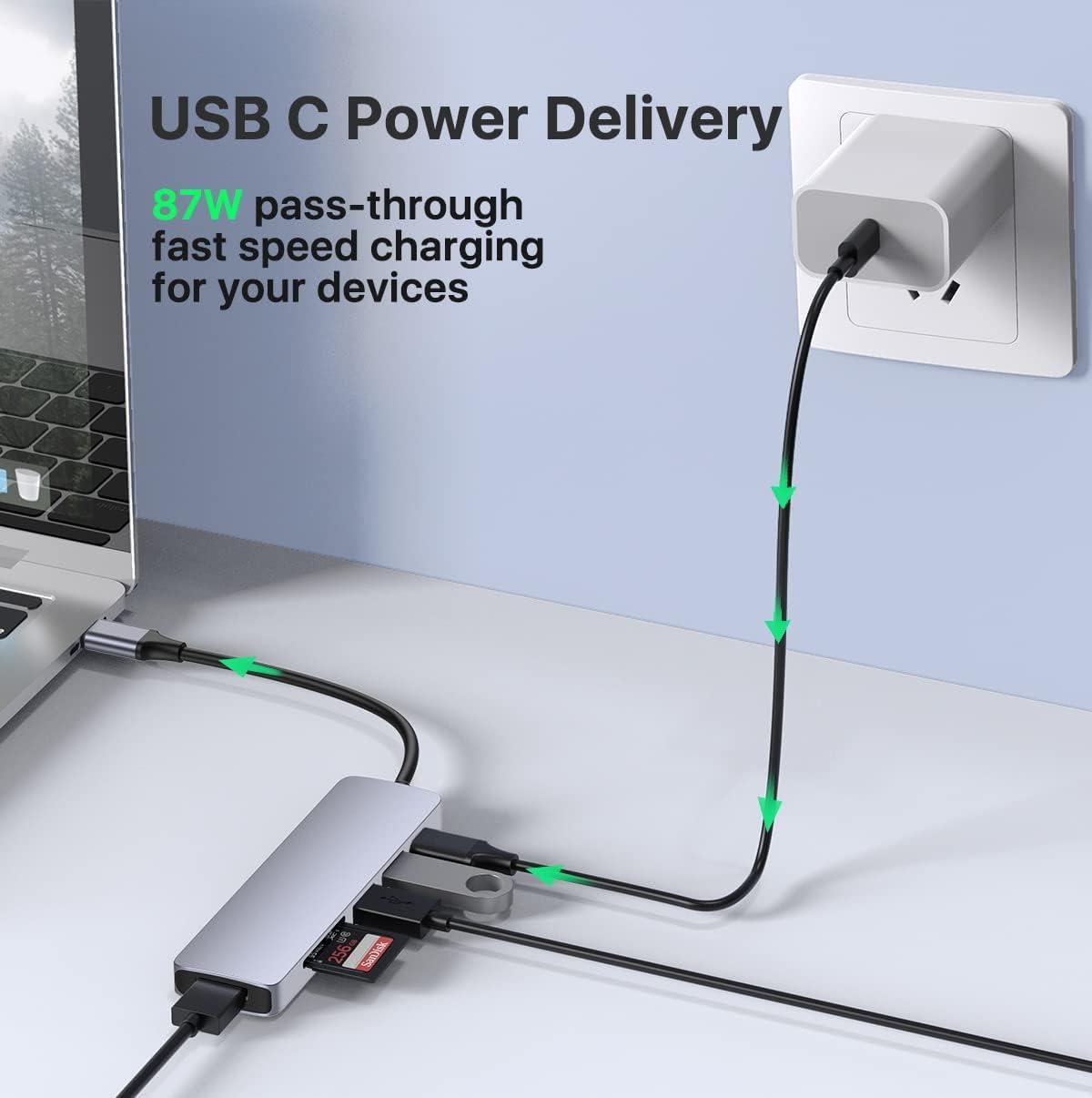 NÖRDIC 1 til 6 USB C aluminium dockingstation 1xHDMI 4K 30Hz 1xUSB-A 3.0 1xUSB-A 2.0 5Gbps 1xUSB C PD87W 1xSD/TF kortlæser