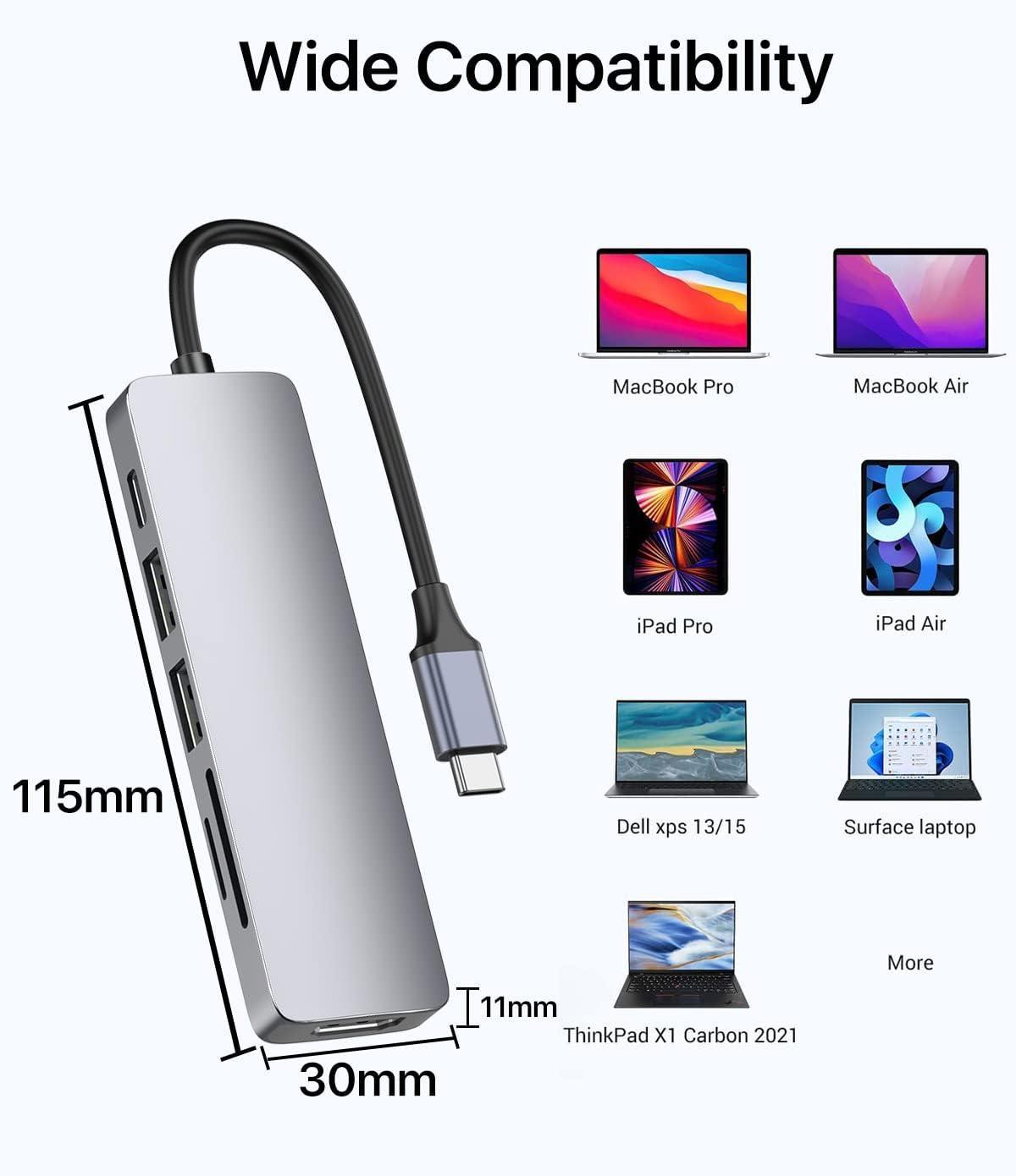 NÖRDIC 1 til 6 USB C aluminium dockingstation 1xHDMI 4K 30Hz 1xUSB-A 3.0 1xUSB-A 2.0 5Gbps 1xUSB C PD87W 1xSD/TF kortlæser