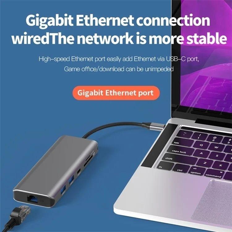 NÖRDIC 1 til 10 USB-C dockingstation 1xHDMI 8K30Hz 1xDP8K 30Hz 2xUSB3.0, 1xUSB-C, 1xRJ45 GigaLan, 1xPD 87W, 1xSD & 1xMicroSD 1xAux stereo