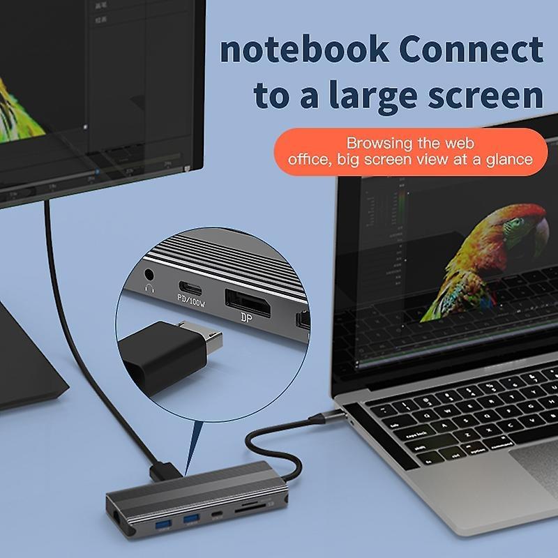 NÖRDIC 1 til 10 USB-C dockingstation 1xHDMI 8K30Hz 1xDP8K 30Hz 2xUSB3.0, 1xUSB-C, 1xRJ45 GigaLan, 1xPD 87W, 1xSD & 1xMicroSD 1xAux stereo