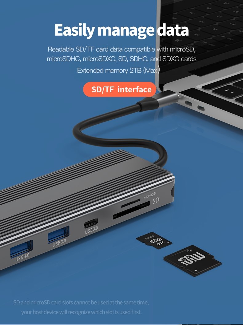 NÖRDIC 1 til 10 USB-C dockingstation 1xHDMI 8K30Hz 1xDP8K 30Hz 2xUSB3.0, 1xUSB-C, 1xRJ45 GigaLan, 1xPD 87W, 1xSD & 1xMicroSD 1xAux stereo