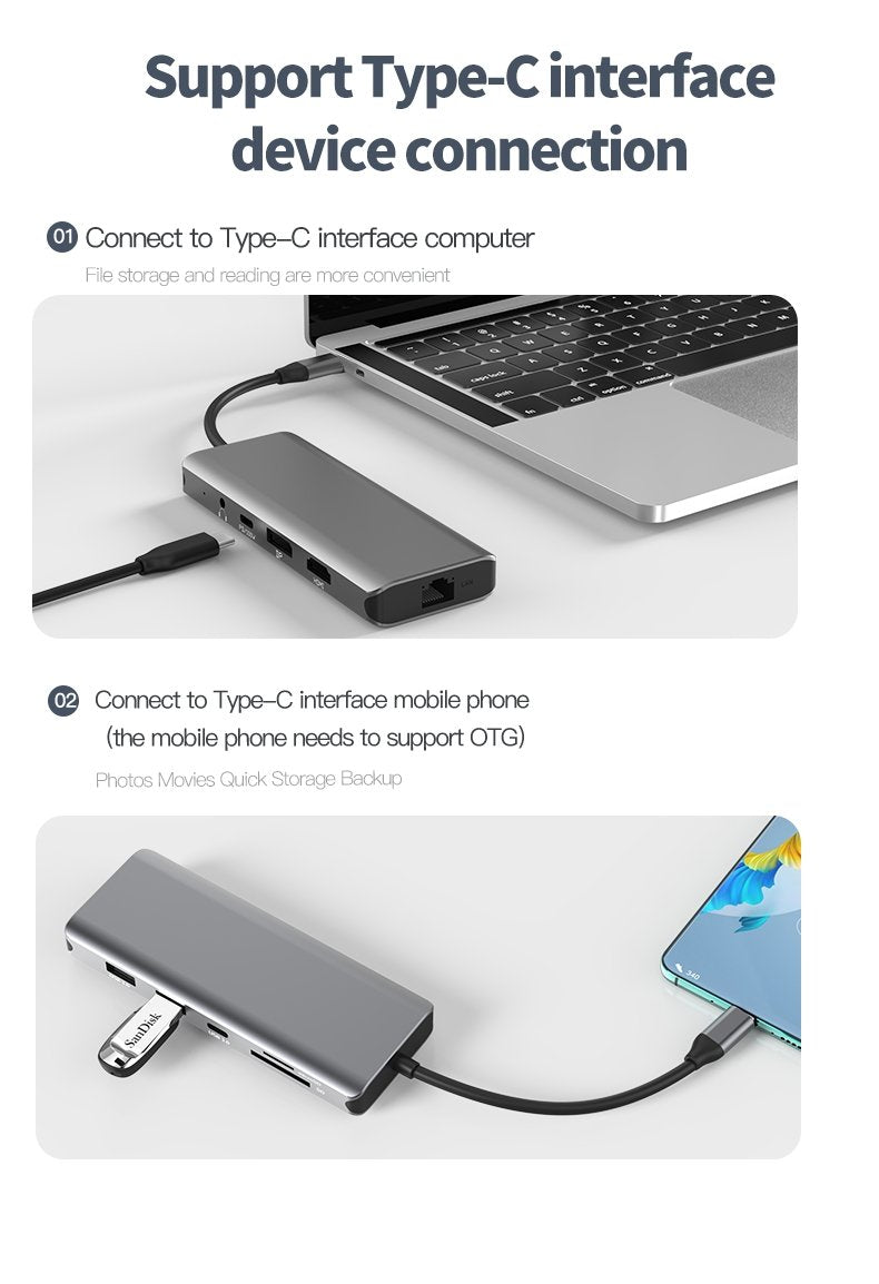 NÖRDIC 1 til 10 USB-C dockingstation 1xHDMI 8K30Hz 1xDP8K 30Hz 2xUSB3.0, 1xUSB-C, 1xRJ45 GigaLan, 1xPD 87W, 1xSD & 1xMicroSD 1xAux stereo