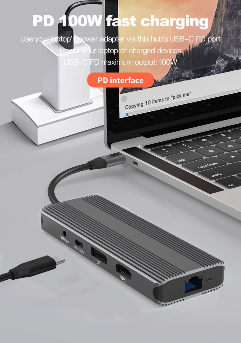 NÖRDIC 1 til 10 USB-C dockingstation 1xHDMI 8K30Hz 1xDP8K 30Hz 2xUSB3.0, 1xUSB-C, 1xRJ45 GigaLan, 1xPD 87W, 1xSD & 1xMicroSD 1xAux stereo