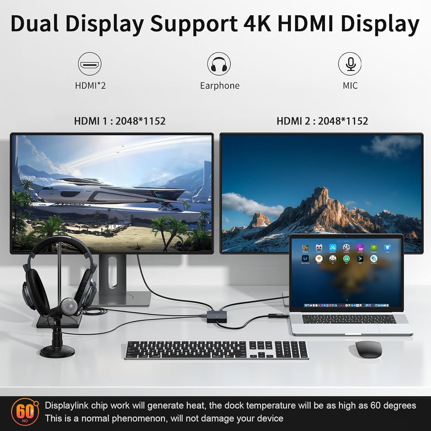 NÖRDIC DisplayLink 1 til 4 dockingstation 2xHDMI 2K@60Hz USB-A & USB-C kompatibel med USB 4, Windows og Mac1