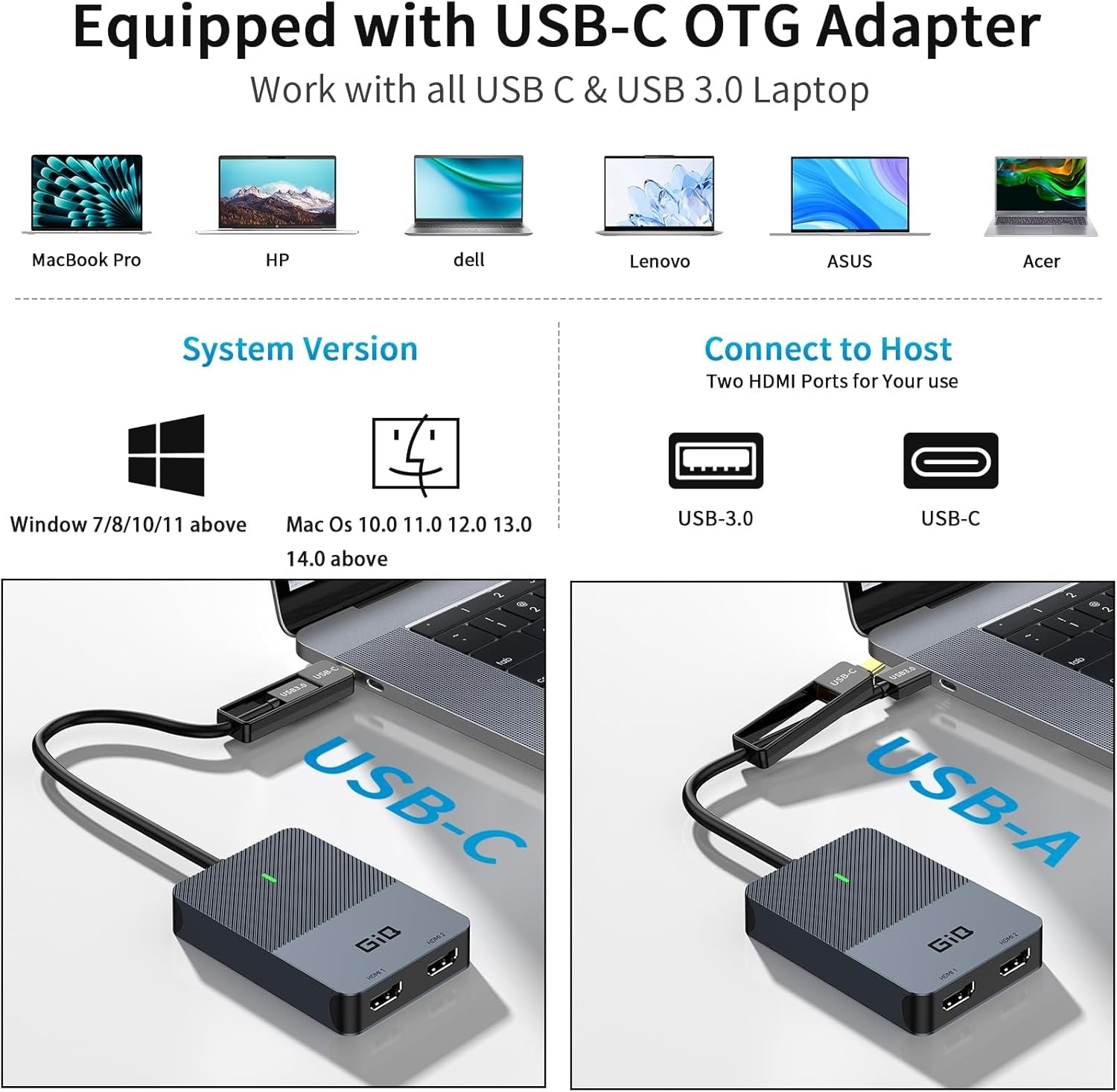 NÖRDIC 1 til 4 dockingstation 2xHDMI 2K@60Hz USB-A & USB-C kompatibel med USB 4, Windows og Mac1
