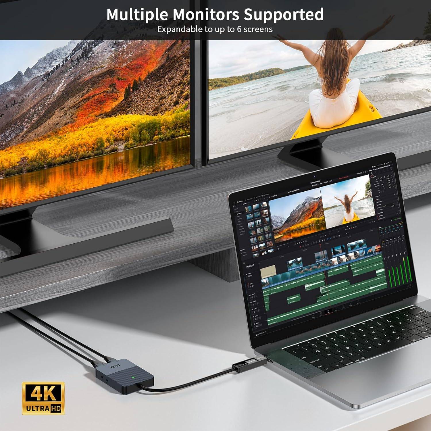 NÖRDIC DisplayLink 1 til 4 dockingstation 2xHDMI 2K@60Hz USB-A & USB-C kompatibel med USB 4, Windows og Mac1