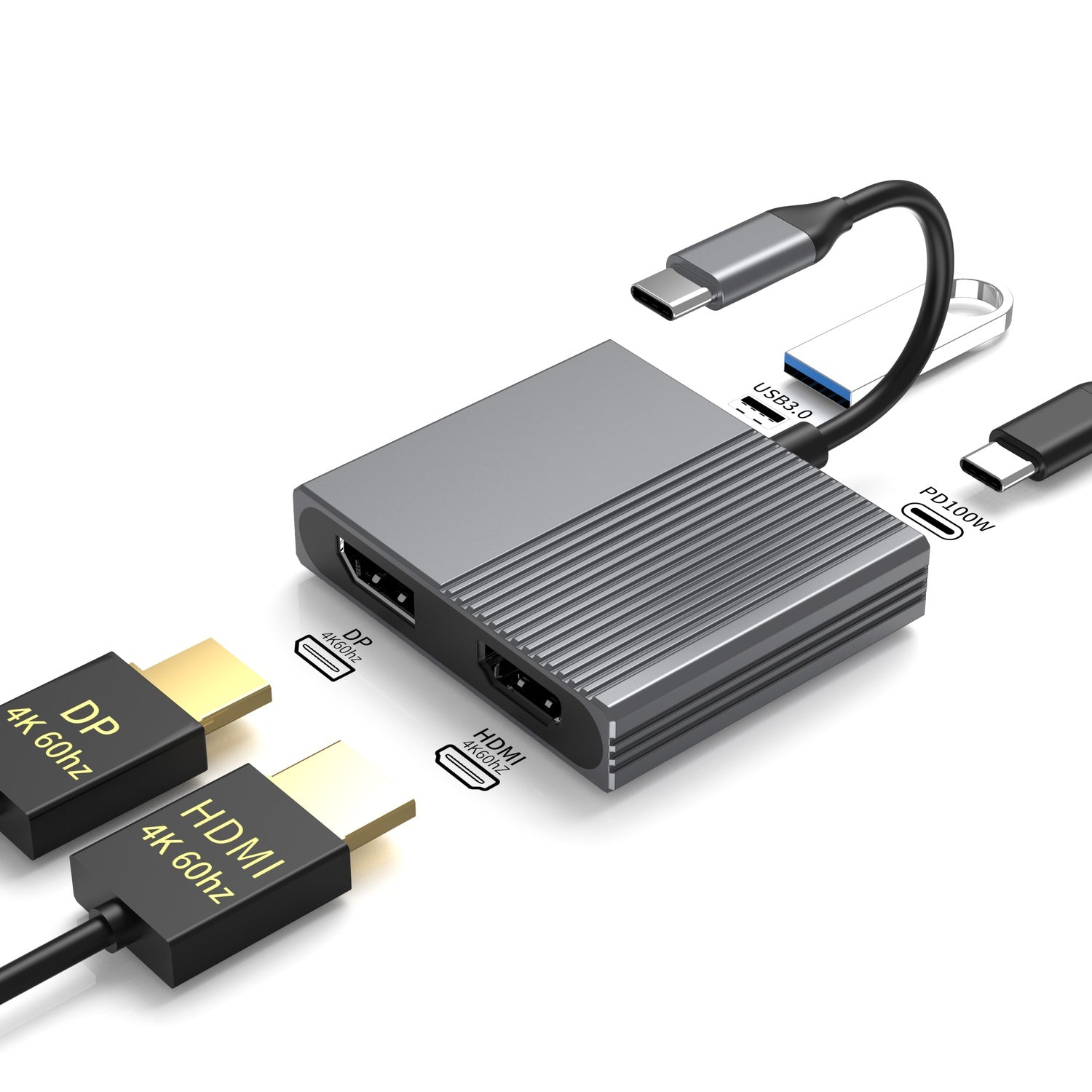 NÖRDIC 1 til 4 USB-C Dockningsstation 1xHDMI-4K60Hz, 1xDP-4K60Hz Dobbelt skærme 1xUSB-C PD100W 1xUSB-A 5G