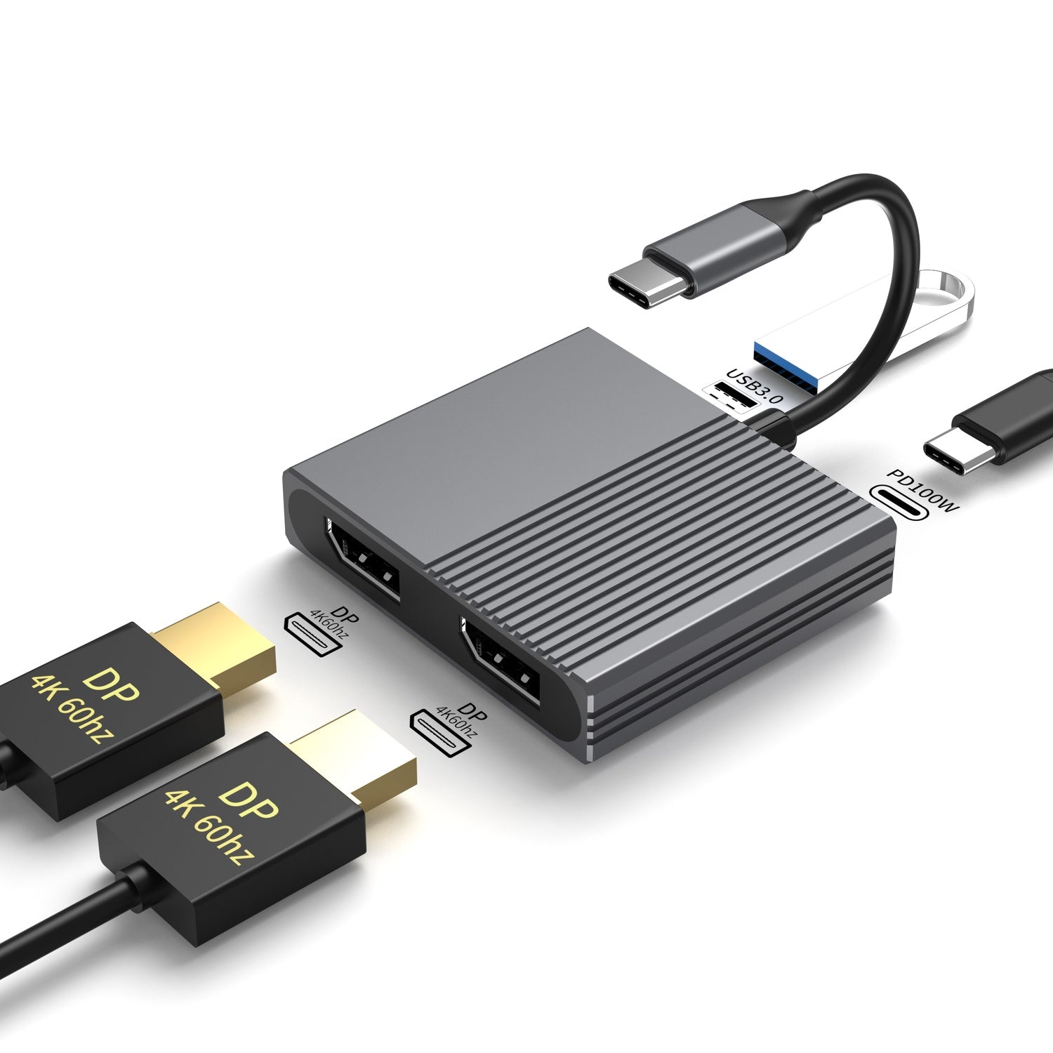NÖRDIC 1 til 4 USB-C Dockningsstation 2xDP4K60Hz Dobbelt skærm 1xUSB-C PD100W 1xUSB-A 5G
