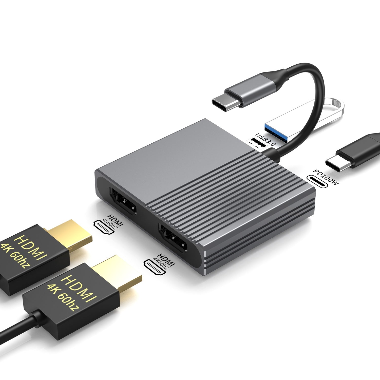 NÖRDIC 1 til 4 USB-C Dockningsstation 2xHDMI Dobbelt skærme 1xUSB-C PD100W 1xUSB-A 5G