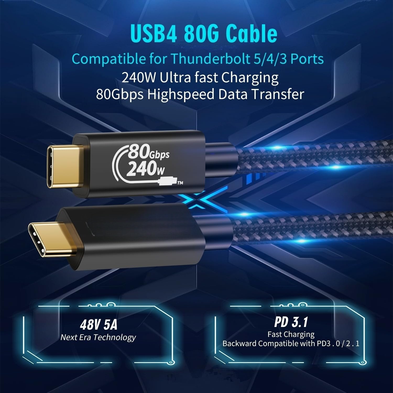 NÖRDIC 25cm Thunderbolt 5 kabel 80Gbps dataoverførsel 240W opladning 120Gbps båndbredde 16K60Hz 8K60Hz 4K540Hz