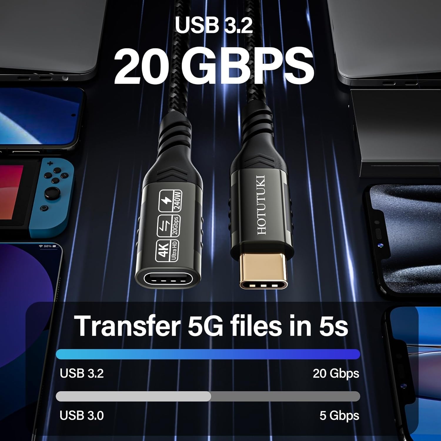 NÖRDIC 25 cm USB3.2 Gen2 20Gbps USB-C til C nylonflettet forlænger kabel med Power Delivery 240W 4K60Hz