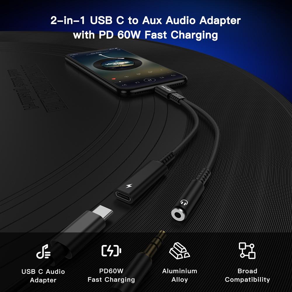 NÖRDIC 2 i 1 USB C til 3,5 mm hovedtelefonadapter med 60W opladning