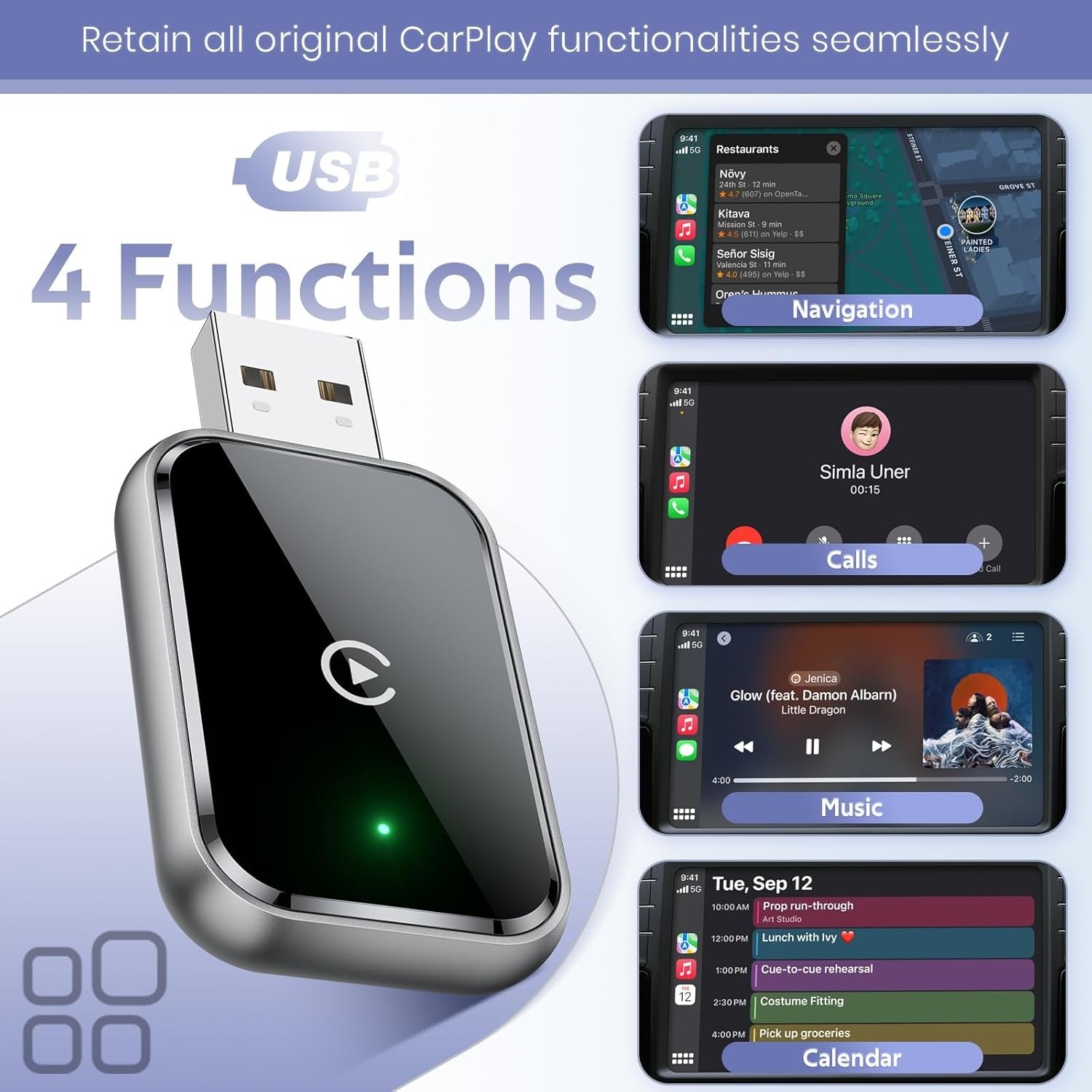 NÖRDIC 2-i-1 trådløs Android CarPlay-dongle, med USB-C-adapter, Plug & Play, WiFi 5,8 GHz, understøtter iOS 10+ og Android 11+