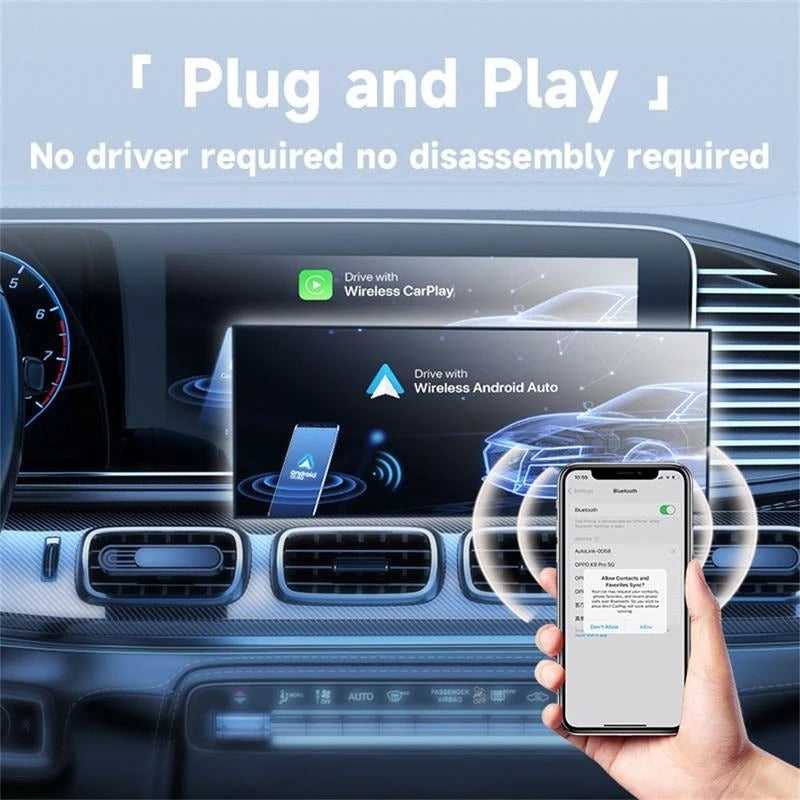 NÖRDIC 2-i-1 trådløs Android CarPlay-dongle, med USB-C-adapter, Plug & Play, WiFi 5,8 GHz, understøtter iOS 10+ og Android 11+