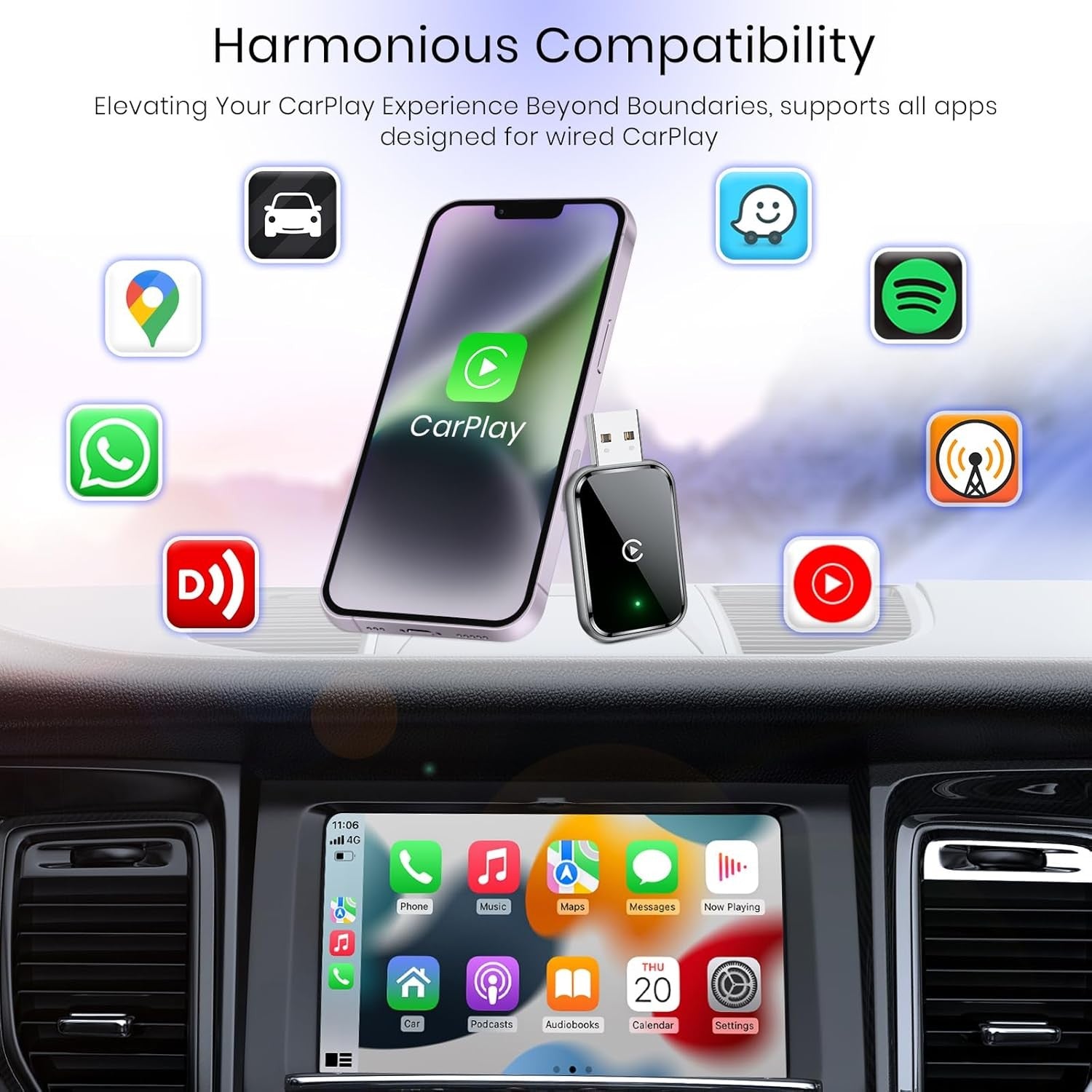 NÖRDIC 2-i-1 trådløs Android CarPlay-dongle, med USB-C-adapter, Plug & Play, WiFi 5,8 GHz, understøtter iOS 10+ og Android 11+